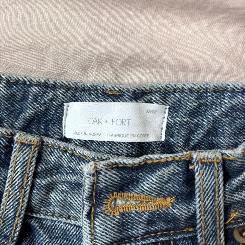 OAK + FORT Blue Wide Leg Jeans High Waisted Size xs Cotton Distressed Hem - Picture 3 of 9